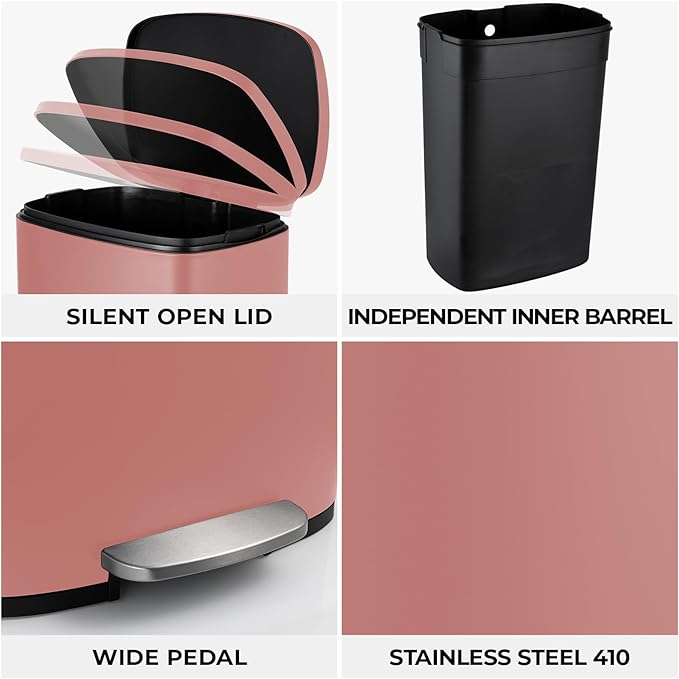 13.2 Gal Kitchen Trash Can, 50L Recycling or Garbage Bin, Brushed Stainless Steel Waste Basket, Soft&Quiet Close Dustbin, with Step-On Pedal, Removable Inner Bucket, for Home, Office, Living Room