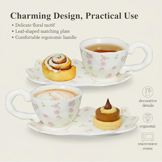Unique Ceramic Coffee Mug, Cup and Saucer Set, Cute Fancy Girly Afternoon Tea Set Purse Gift, 5.4 oz/160 ml, Pink flowers Set of 2
