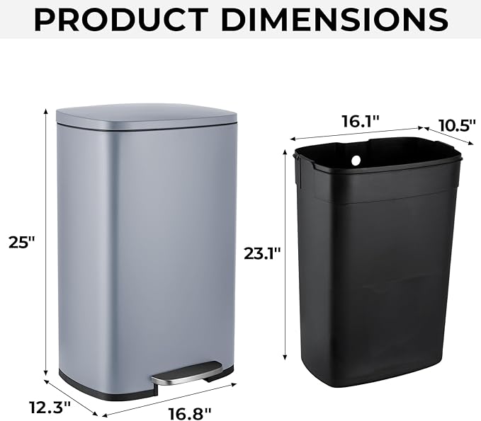 13.2 Gal Kitchen Trash Can, 50L Recycling or Garbage Bin, Brushed Stainless Steel Waste Basket, Soft&Quiet Close Dustbin, with Step-On Pedal, Removable Inner Bucket, for Home, Office, Living Room
