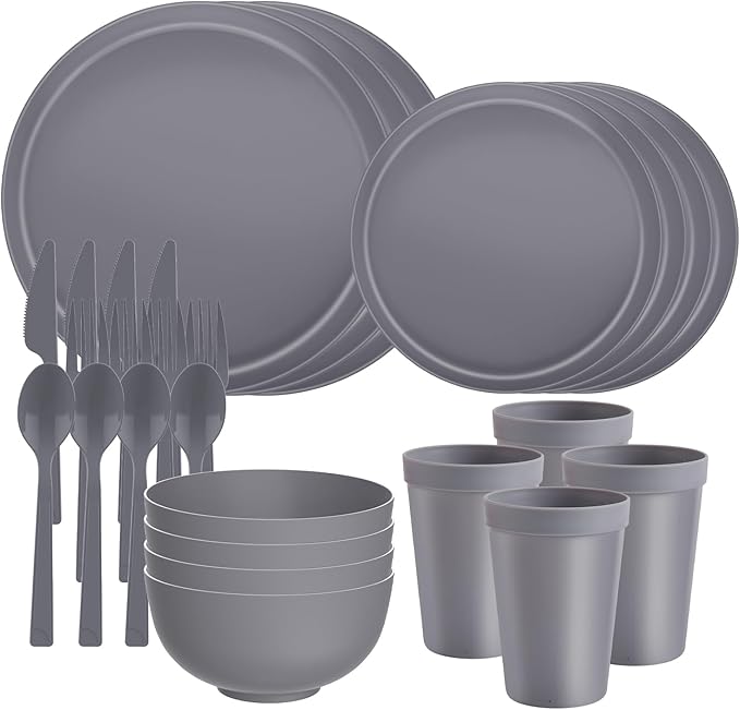 20 Piece RV & Camping Dinnerware Set, Elegant Ceramic-Look Large Bowls & Plates, Unbreakable & 100% Microwave Safe, Melamine Alternative Service for 4, Gray