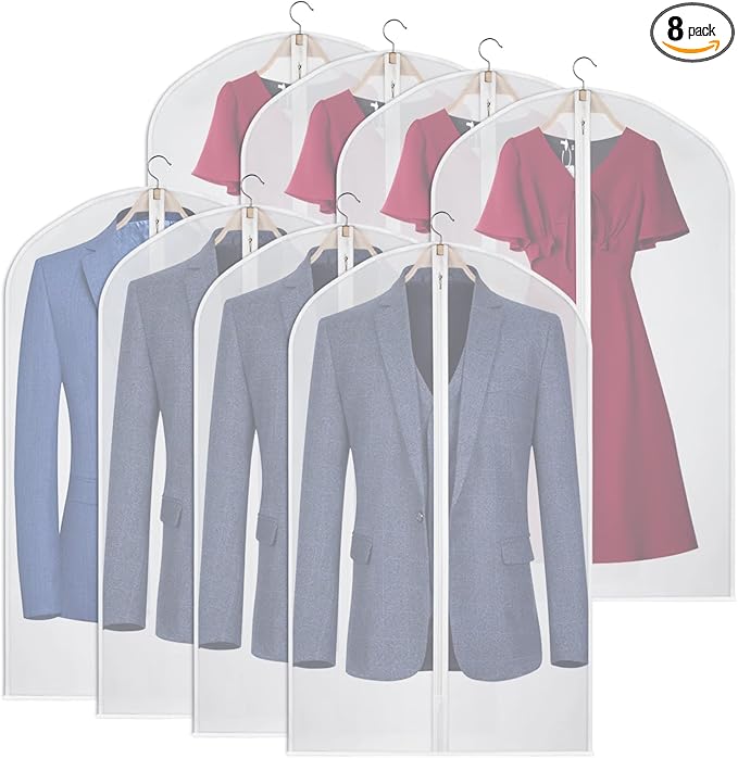 Kntiwiwo Garment Bags Clear Suit Bag for Closet Storage Set of 8 Hanging Clothes Dress Cover Bags Dust-Proof with Zipper for Suit, Coat, Dresses Clothes Storage-24” x40”