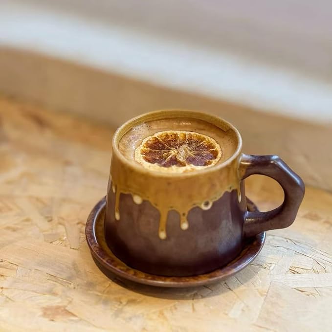 10oz Unique Vintage Retro Handmade Ceramic Cappuccino Barista Cup with Saucer –Rustic Stoneware Coffee Mug, Lead-Free Latte Art Mug，Handmade ceramic cappuccino cups or tea cup, Brown