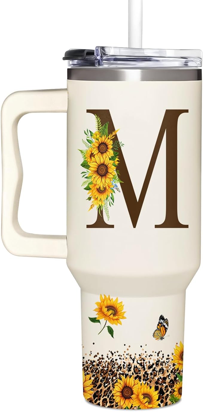 Personalized Birthday Gifts For Women - Sunflowers Monogrammed Cup For Boss Day, Christmas - Customized Gifts For Women, Mom, Wife, Coworkers, Boss Lady, Her - Custom Tumbler With Handle 40oz