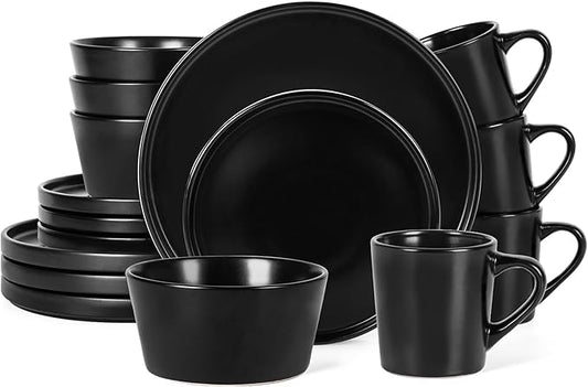 Plates and Bowls Sets for 4 - CJDC-QUELO 16 Piece Stoneware Dinnerware Sets with Mugs, Ceramic Dishware Sets for Kitchen Dining Use, Chip and Scratch Resistant Microwave Dishwasher Safe, Black