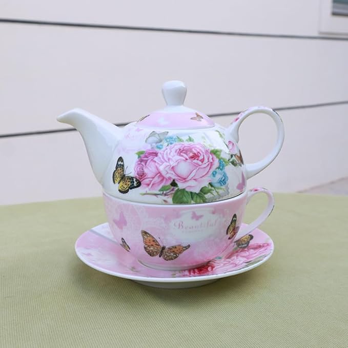 ONEUSTAR Tea for One Set Ceramic Floral Teapot and Cup Saucer Set for Women Afternoon Tea Mother's Day Gift in Reusable Gift Box, Pink Rose Flower