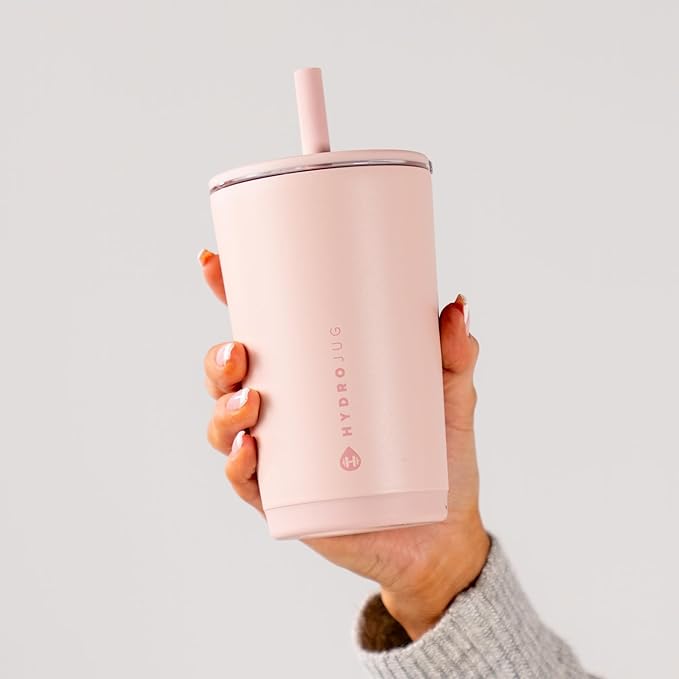 HydroJug Everyday Tumbler 14 oz – Ceramic-Lined Insulated Tumbler with Straw and Soft-Touch Lid, Cup Holder Friendly, Double-Wall Vacuum Insulation, Reusable Travel Cup – Dusty Rose