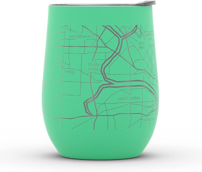 Well Told Engraved Dallas Texas Map Insulated Wine Tumbler, Etched Stainless Steel Cup (12 oz, Sunday Green) City Map Insulated Tumbler, Custom Insulated Tumbler, Outdoor Drinkware