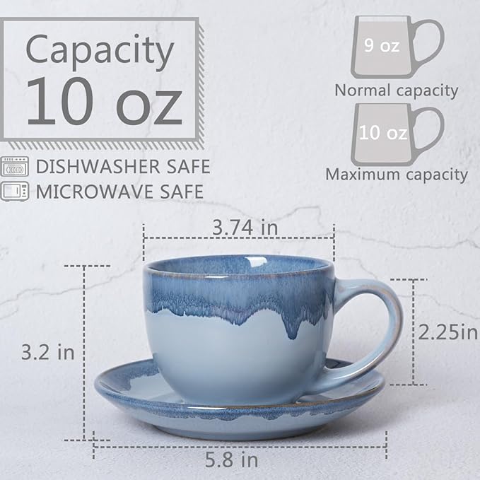 Bosmarlin Ceramic Cappuccino Cup and Saucer Set of 2, 10 Oz, Coffee Cups for Latte, Espresso, Tea, Dishwasher and Microwave Safe, Reavtive Glaze (Blue)