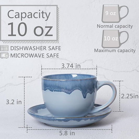 Bosmarlin Ceramic Cappuccino Cup and Saucer Set of 2, 10 Oz, Coffee Cups for Latte, Espresso, Tea, Dishwasher and Microwave Safe, Reavtive Glaze (Blue)
