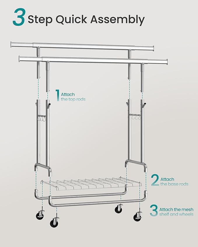 SONGMICS Clothes Rack, Heavy-Duty Rolling Clothing Garment Rack with Wheels, Extendable Double Hanging Rods and Adjustable Height, Portable, with Shelf and Hooks, Silver UHSR015E01