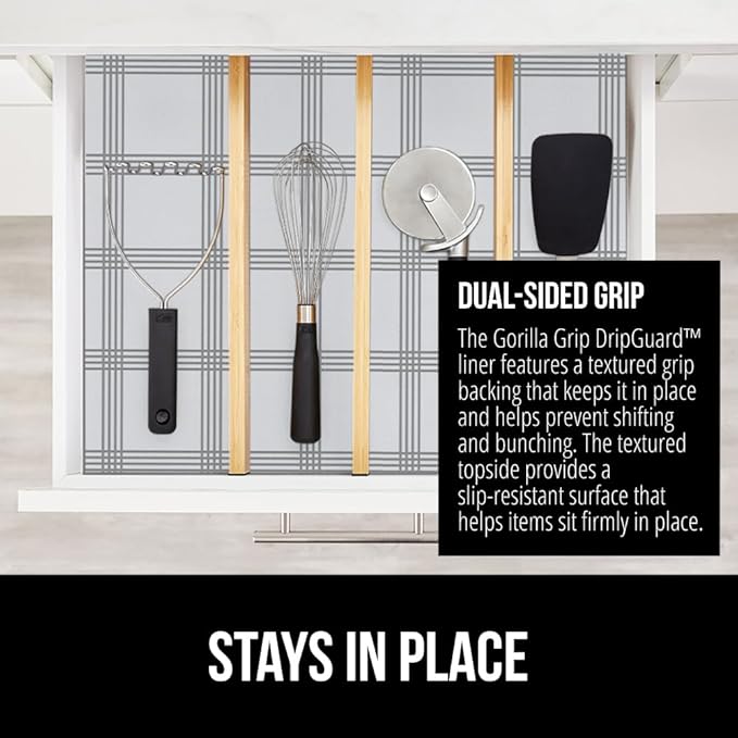 GORILLA GRIP DripGuard Shelf Liner, Non Adhesive Drawer and Kitchen Cabinet Protector, Slip Resistant BPA Free Smooth Surface Plastic Liners for Cabinets, Bathrooms, Closets, 17.5x240 Inch Gray Stripe