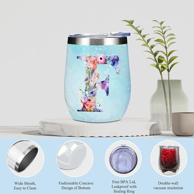 Personalized Gifts Monogrammed Birthday Gifts for Women, Aunt Grandma Retirement Christmas Initial Wine Tumbler Makeup Bag Scented Candle Bracelet Set, (Aesthetic Blue Flower F)