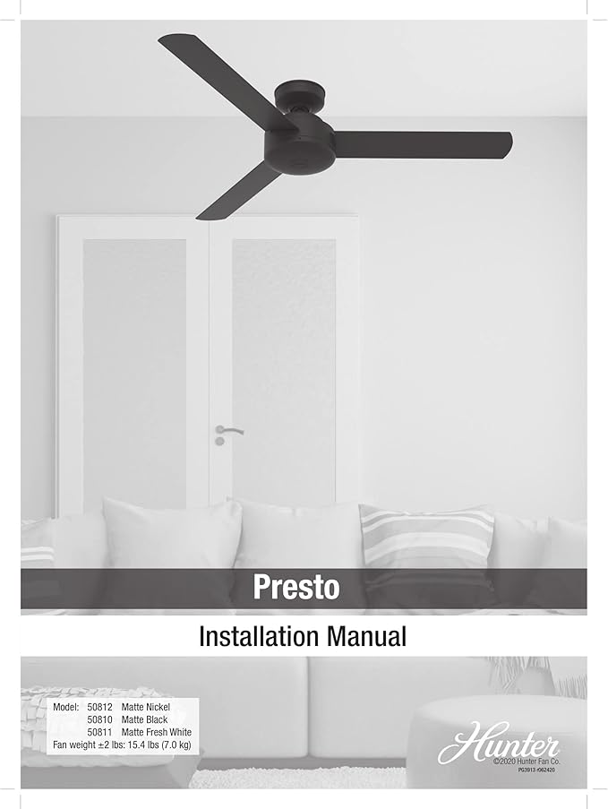 Hunter 52 inch Indoor Ceiling Fan No Light - Modern Ceiling Fan without Light, 3 Blades, Standard Mount, For Bedroom, Living Room, or Kitchen, Wall Control - Presto 50812, Matte Nickel