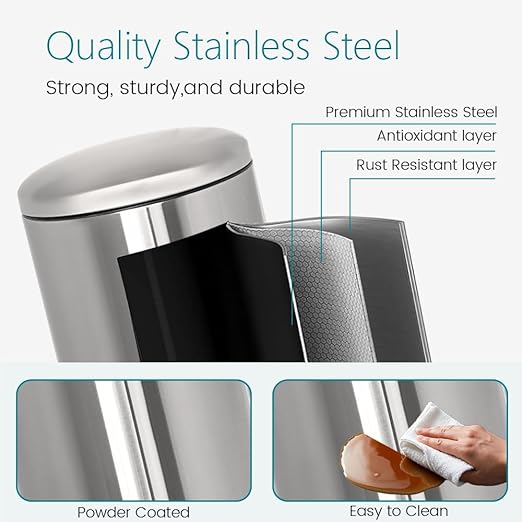8 Gallon Trash Can, Stainless Steel Garbage can with Removal Liner, Pedal Trash Can with Soft Close lid, Round Trash Bin for Kitchen, Office, Dorm or Bathroom, 30 Liters, Silver