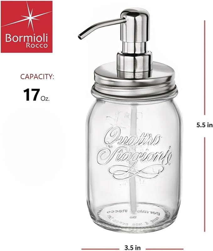 Bormioli Rocco Quattro Stagioni Soap Dispenser, 17 Oz - Stainless Steel Multifunctional Lid, Stain Resistant - Use as Soap, Lotion, Cocktail, Grater - Durable Dishwasher Safe Glass Jar