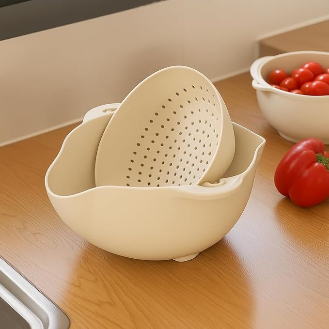 Rinse & Drain Bowl Strainer & Colander Combo – Double-Layer 360° Rotating Basket, BPA-Free Plastic with Handles & Pour Spouts – Wash Fruits, Vegetables, Pasta, Herbs, Beans & Salad Greens