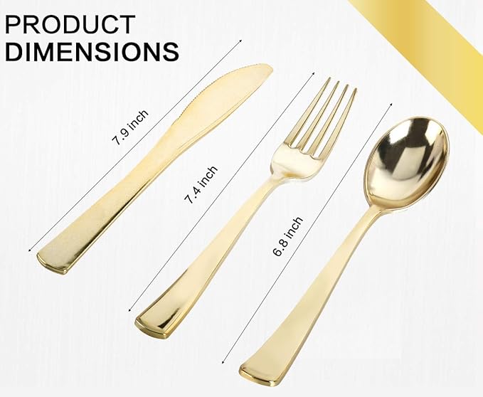 350 Piece Gold Dinnerware Set,100 Plastic Plates, 50 Cups,50 Pre Rolled Napkins with Plastic Silverware, Disposable Gold Dinnerware Set for 50 Guest