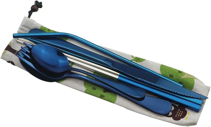 Gugrida Blue Reusable Utensils, Healthy & Eco-Friendly 8 Pieces Portable Stainless Steel Flatware Tableware Set, Portable Travel Camping Cutlery Knife Fork Spoon Straws Set（Steak Knife）