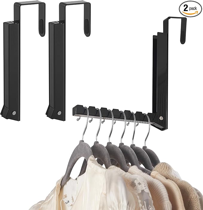 2 Pack Over The Door Hooks Hanger for Clothes, Foldable Over The Door Drying Rack for Laundry, Overdoor Hanger Hook with 6 Groves for Towel, Coat, Black