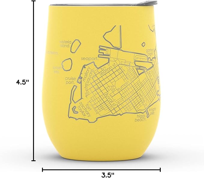 Well Told Engraved Key West Florida Map Insulated Wine Tumbler, Etched Stainless Steel Cup (12 oz, Sunrise Yellow) City Map Insulated Tumbler, Custom Insulated Tumbler, Outdoor Drinkware