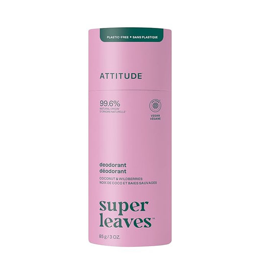ATTITUDE Plastic-Free Deodorant, EWG Verified, Aluminum Free, Vegan Naturally Sourced Body Deodorants for Women & Men, Dermatologically Tested, White Tea Leaves, 3 Ounces