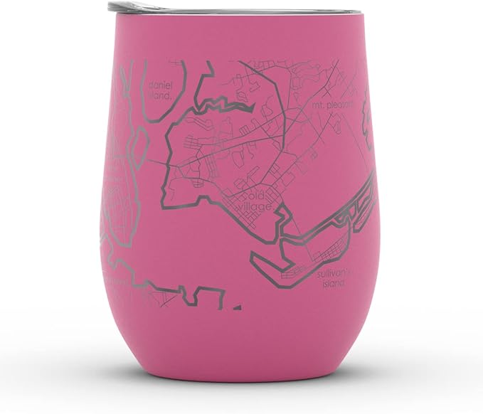 Well Told Engraved Charleston South Carolina Map Insulated Wine Tumbler, Etched Stainless Steel Cup (12 oz, Sunset Pink) City Map Insulated Tumbler, Custom Insulated Tumbler, Outdoor Drinkware