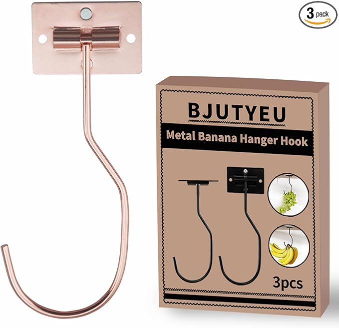 Self-Adhesive Banana Hooks, Foldable Magnetic Hanger Under Cabinet, Sturdy Metal Banana Holder for Kitchen, Space-Saving Design to Keep Bananas Fresh 3 Pieces Rose Gold