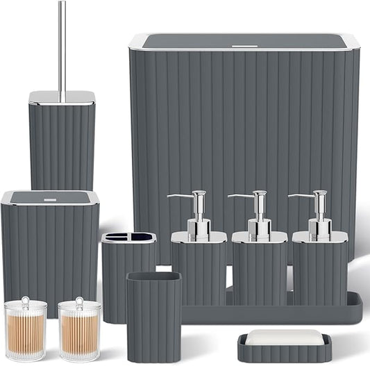 Bathroom Accessory Set - Bathroom Set, 12PC Bathroom Accessories Set, Grey Bathroom Accessories Set, Mini Trash Can, Toilet Brush, Trash Can & Soap Dispenser