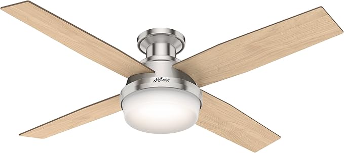 Hunter 52 inch Indoor Ceiling Fan with LED Light and Remote Control- Modern Ceiling Fan, Low Profile Mount, 4 Light Gray Oak Blades, For Bedroom, Living Room, or Kitchen- Dempsey 50283, Brushed Nickel