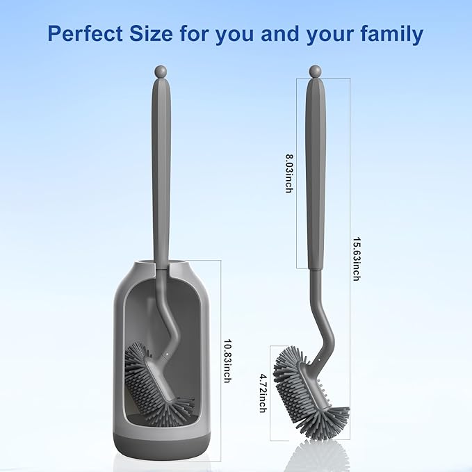 HAMITOR Toilet Bowl Brush Holder Set: Deep Cleaning Silicone Toilet Cleaner Scrubber Under Rim with Curved Bristle for Bathroom Dead Corner Clean - Modern Rv Toilet Decorative Accessories - Gray