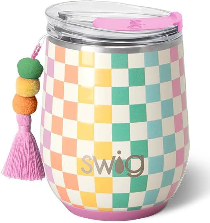 Swig Life 12oz Wine Tumbler with Lid, Stainless Steel, Dishwasher Safe, Portable, Triple Insulated Wine Tumbler (Check Mate)