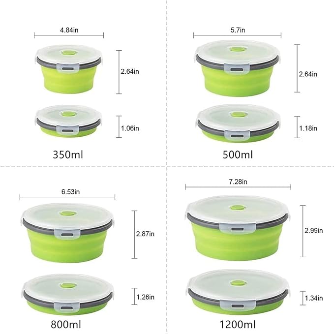 Collapsible Bowls For Camping, Set of 4 Silicone Food Storage Containers with Lids, Rv storage and organization, Rv Kitchen Accessories, BPA Free, Microwavable, Freezer, Dishwasher Safe (Round-Green)