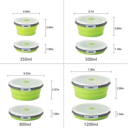 Collapsible Bowls For Camping, Set of 4 Silicone Food Storage Containers with Lids, Rv storage and organization, Rv Kitchen Accessories, BPA Free, Microwavable, Freezer, Dishwasher Safe (Round-Green)