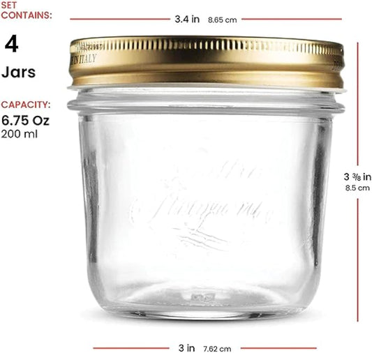 Bormioli Rocco Quattro Stagioni set of 4 Clear Airtight Mason Jars, 6.75 Oz. Made from BPA Free Durable Glass, Made In Italy.