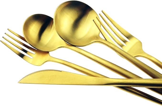 Gugrida Gold Flatware, Royal 5 Piece Luxury Matte Finish 18/10 Stainless Steel Tableware Sets for 1 Including Forks Spoons Knives, Camping Silverware Travel Utensils Set Cutlery (Gold)