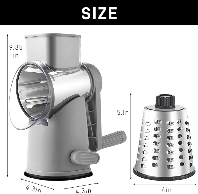 Rotary Cheese Graters with 4 Blades, Hand Crank Cheese Grater with Waffle Slicer, Red, Black and White Cheese Shredder with Suction Base, Easier for Shredding & Grating (Grey, 4 Graters)