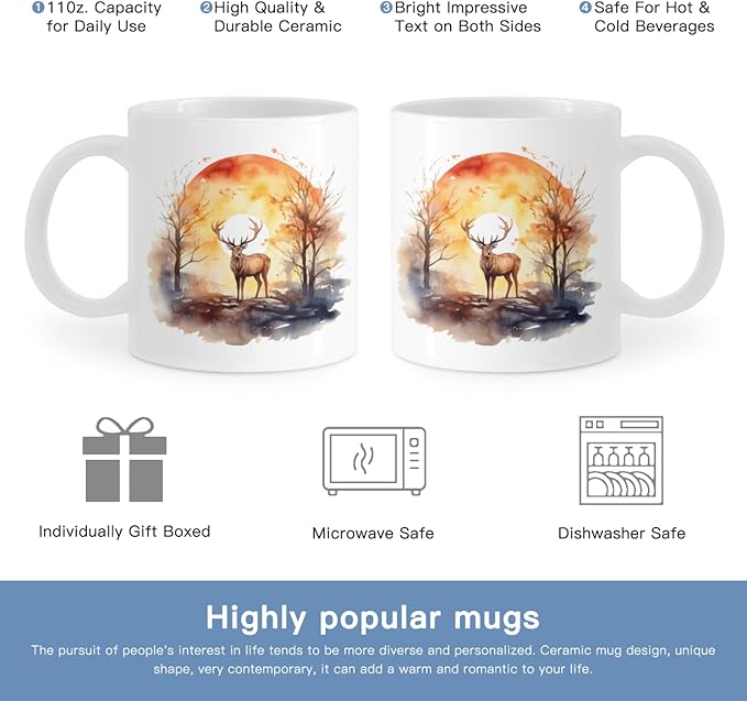 Coffee Mugs Deer Pattern Ceramic Latte Mug with Handle 11 OZ for Men Women for Latte Cappuccino Cocoa Milk Dishwasher & Microwave Safe