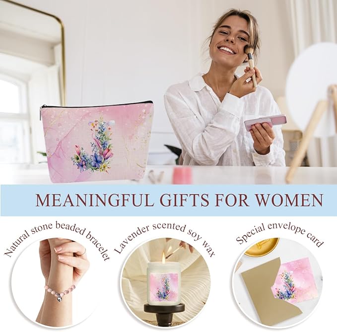 Personalized Gifts Monogrammed Birthday Gifts for Women, Maid of Honor Bachelorette Wedding Christmas Initial Wine Tumbler Makeup Bag Scented Candle Bracelet Set, (Aesthetic Pink Flower J)