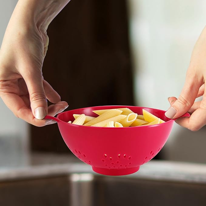 Meadow Lane 6-inch Small Colander, BPA-Free, Dishwasher Safe, Double Handles, Compact Food Strainer for Berries, Veggies and Pasta, 3-Cup Capacity, Cardinal Red