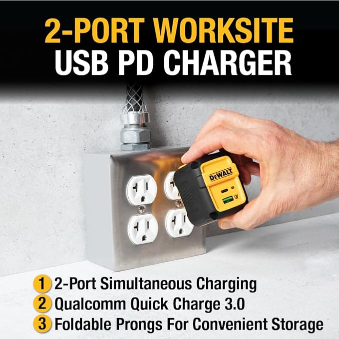 DEWALT Heavy Duty 49.5W Dual USB & USB C Charger Block (Cable Not Included), USBC Power Adapter, 2 Port Compact Foldable Fast Wall Charger for iPhone 17/16/15/14 Galaxy Pixel 4/3 iPad - Black & Yellow