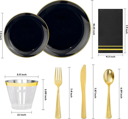 NOCCUR 350PCS Black and Gold Plastic Plates - Black Disposable Dinnerware Set for 50 Guests, 100 Dinner/Dessert Plates, 150 Gold Silverware, 50 Cups&50 Napkins for Party/Birthday/New Year