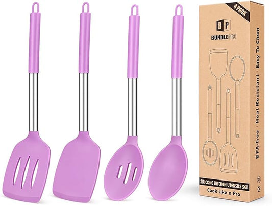 Pack of 4 Silicone Cooking Utensils Set, Non Stick Large Solid Spatulas, Heat Resistant Purple Slotted Spoons, Ideal BPA Free Kitchen Turners for Frying, Mixing,Serving,Draining,Turning,Stirring