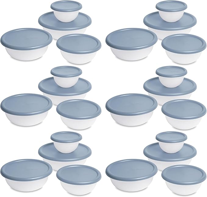 Sterilite Covered Bowl Set, Plastic Nesting Kitchen Mixing Bowls with Pour Spout, Meal Prep Food Storage Containers with Lids, Washed Blue (Set of 6)