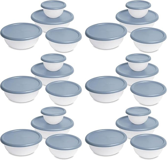 Sterilite Covered Bowl Set, Plastic Nesting Kitchen Mixing Bowls with Pour Spout, Meal Prep Food Storage Containers with Lids, Washed Blue (Set of 6)