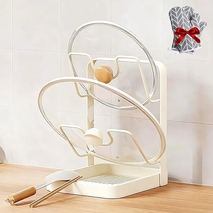Kitchen Pot Lid Storage Rack, 2026 New Upgrade Kitchen Pot Lid Storage Rack with Tray For Counter, Three Layer Multifunctional Kitchens Pots Lids Holder Organizer (White, Double - Countertop)