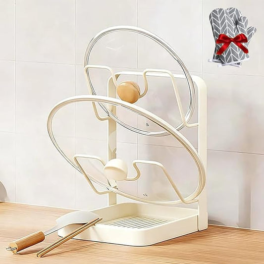 Kitchen Pot Lid Storage Rack, 2026 New Upgrade Kitchen Pot Lid Storage Rack with Tray For Counter, Three Layer Multifunctional Kitchens Pots Lids Holder Organizer (White, Double - Countertop)