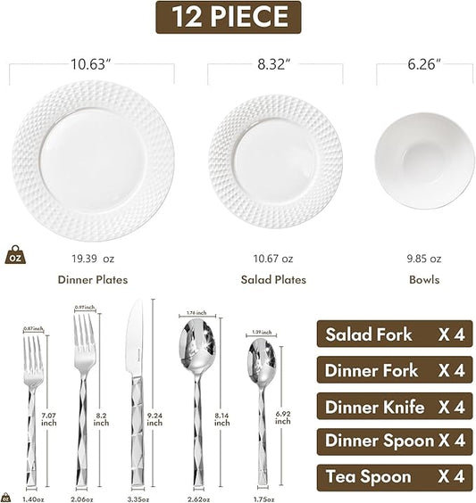KINGSTONE 12-piece Bone China Dinnerware Set and 20-piece silverware, White Lightweight Porcelain for 4, Plates, Bowls with matching flatware, Microwave and Dishwasher Safe, for Family, Gifting
