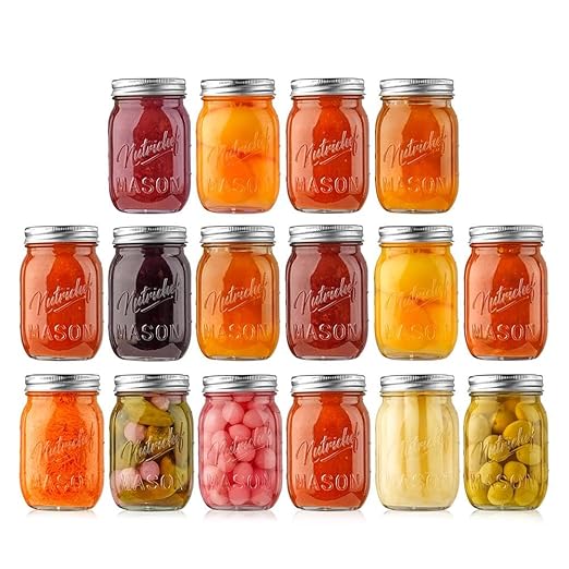 NutriChef 16-Pack 16 oz Mason Jars with Lids - Thick Glass Canning Jars with Stainless Steel Lids - Ideal for DIY Spices, Meal Prep, Overnight Oats, Jelly, Jam, Honey, Candles, Crafts, & More