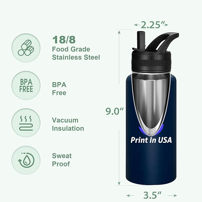 Personalized Custom Water Bottle Print in USA 32oz Stainless Steel Double Wall Coffee Cup with Lid & Straw Insulated Tumbler with Colorful Text Logo Photo 10Pcs