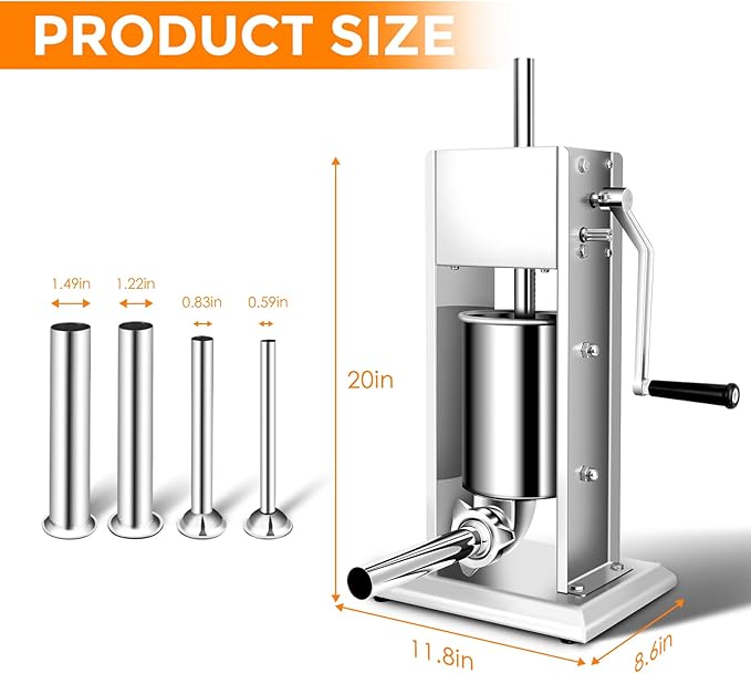 YBSVO 7 lb. Stainless Steel Vertical Manual Sausage Stuffer with 5/8", 7/8", 1 1/4", and 1 1/2" Stainless Steel Funnels